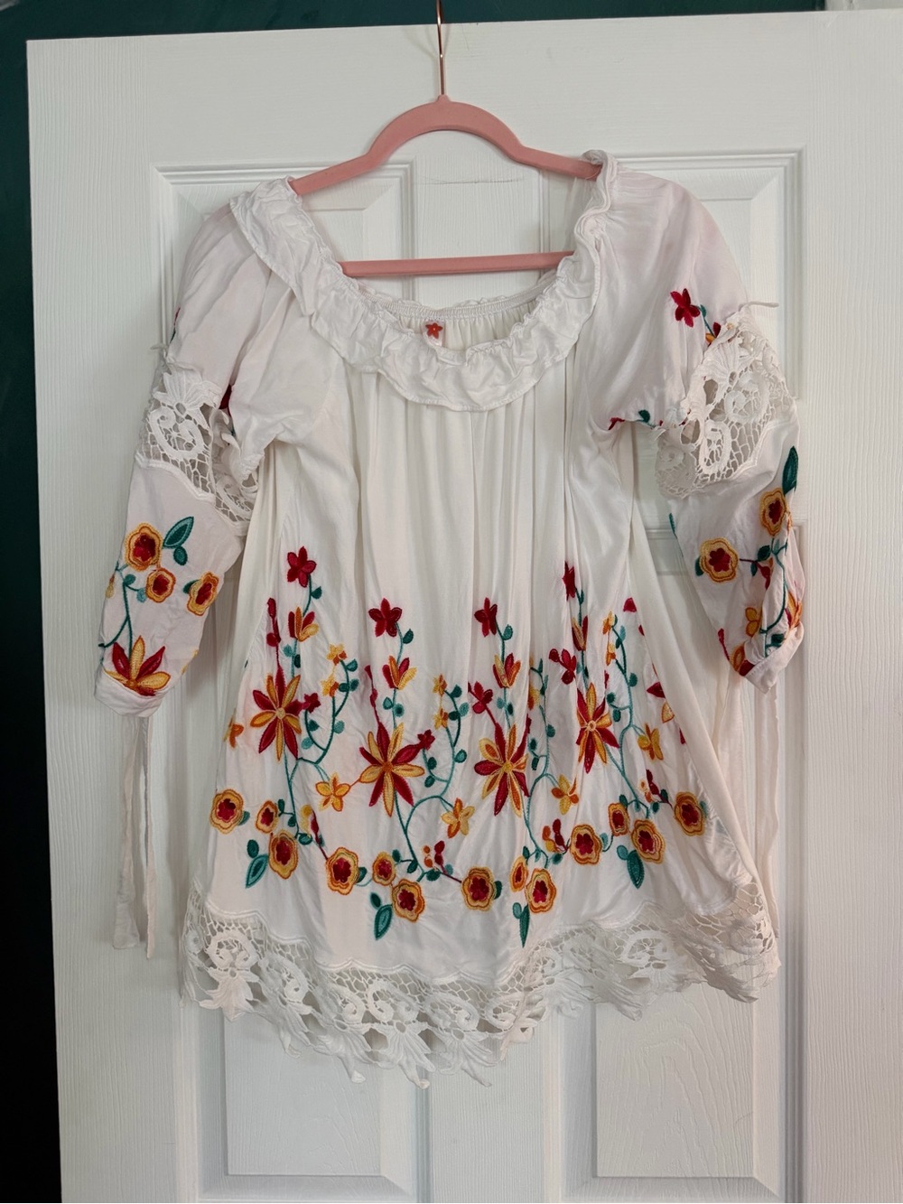 White Embroidered Peasant Blouse with Floral Accents